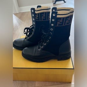 FENDI Rockoko Leather & Knit Combat Boots 39.5